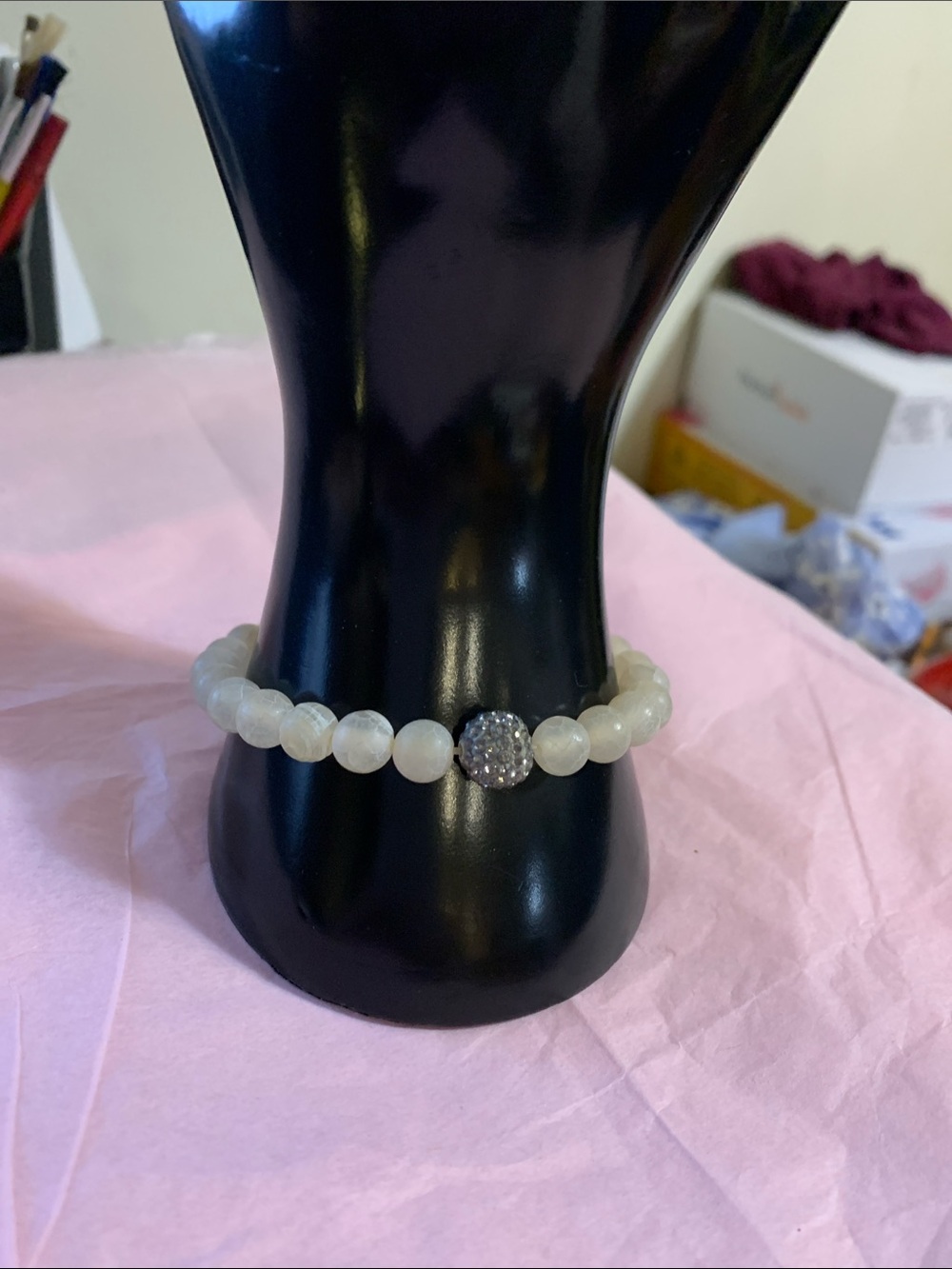 White Beaded Bracelet with Pavé Accent
